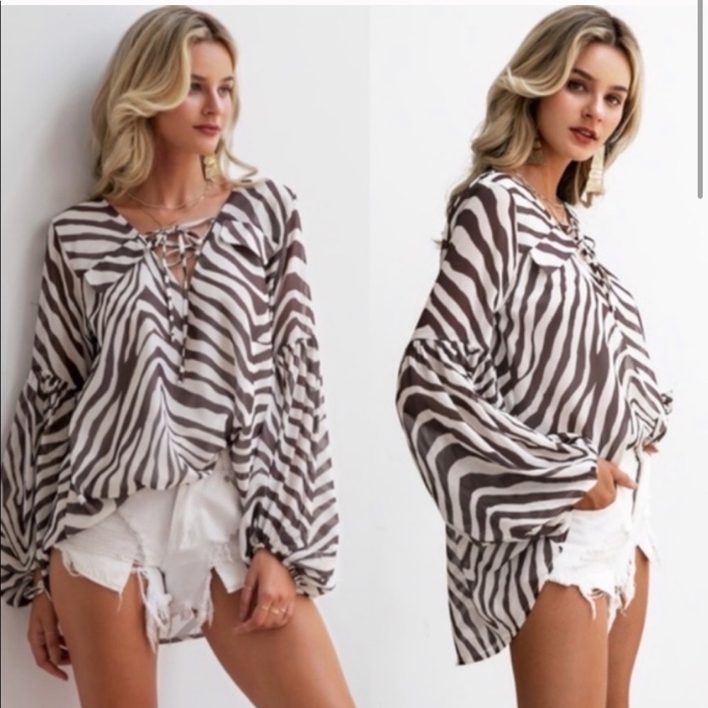 Boho Chic Zebra Lace Up Blouse - Picture 2 of 4